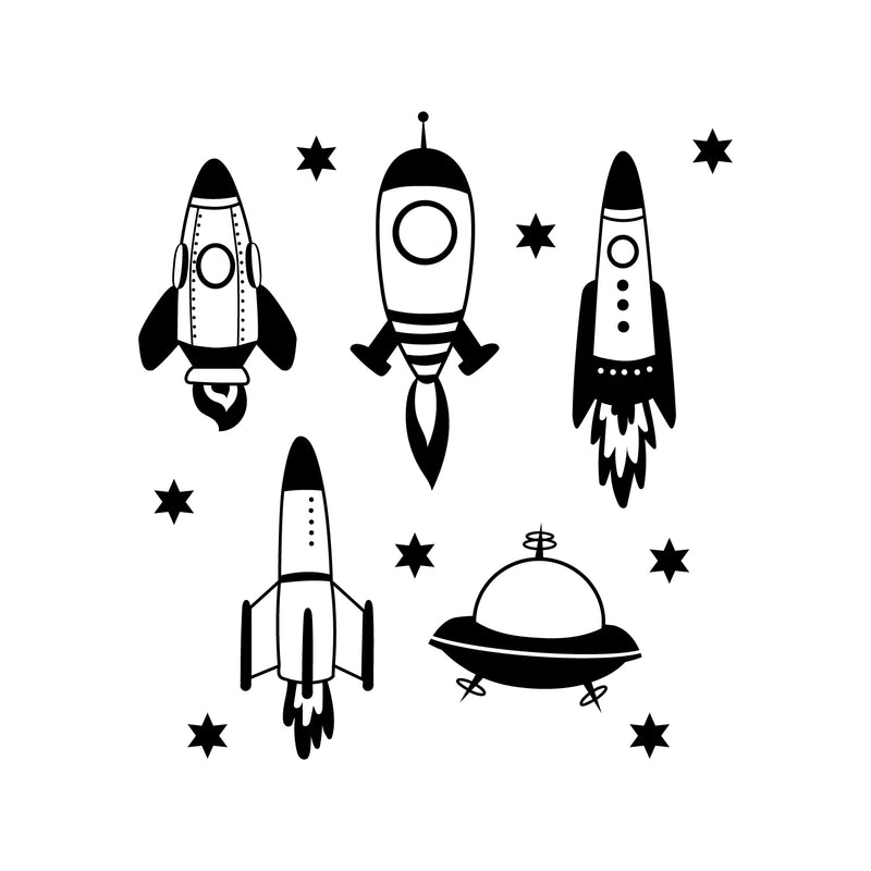 Set Of 5 Vinyl Wall Art Decal - Space Ships - 24" x 17" (From 1Each) - Modern Fun Cute Minimalist Design Stickers For Kids Room Bedroom Playroom Daycare Nursery Classroom Decor 1