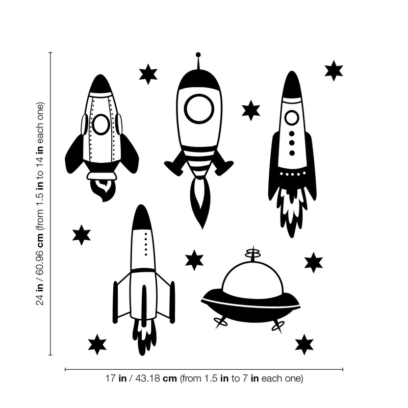 Set Of 5 Vinyl Wall Art Decal - Space Ships - 24" x 17" (From 14" x 7" Each) - Modern Fun Cute Minimalist Design Stickers For Kids Room Bedroom Playroom Daycare Nursery Classroom Decor 4