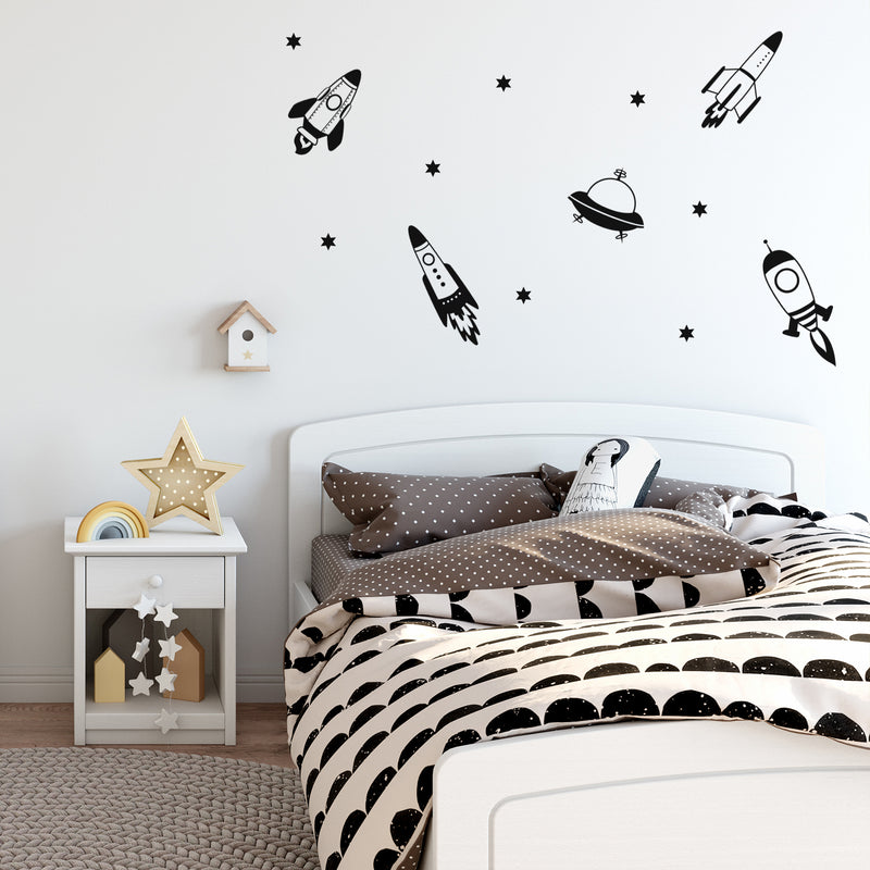 Set Of 5 Vinyl Wall Art Decal - Space Ships - 24" x 17" (From 14" x 7" Each) - Modern Fun Cute Minimalist Design Stickers For Kids Room Bedroom Playroom Daycare Nursery Classroom Decor 3