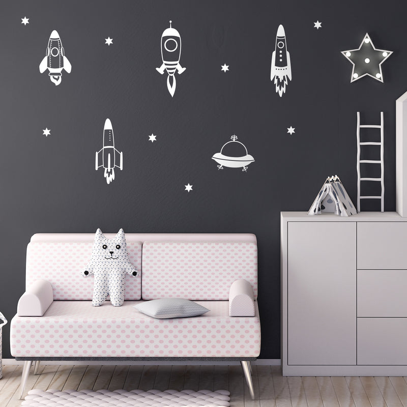 Set Of 5 Vinyl Wall Art Decal - Space Ships - 24" x 17" (From 14" x 7" Each) - Modern Fun Cute Minimalist Design Stickers For Kids Room Bedroom Playroom Daycare Nursery Classroom Decor 2