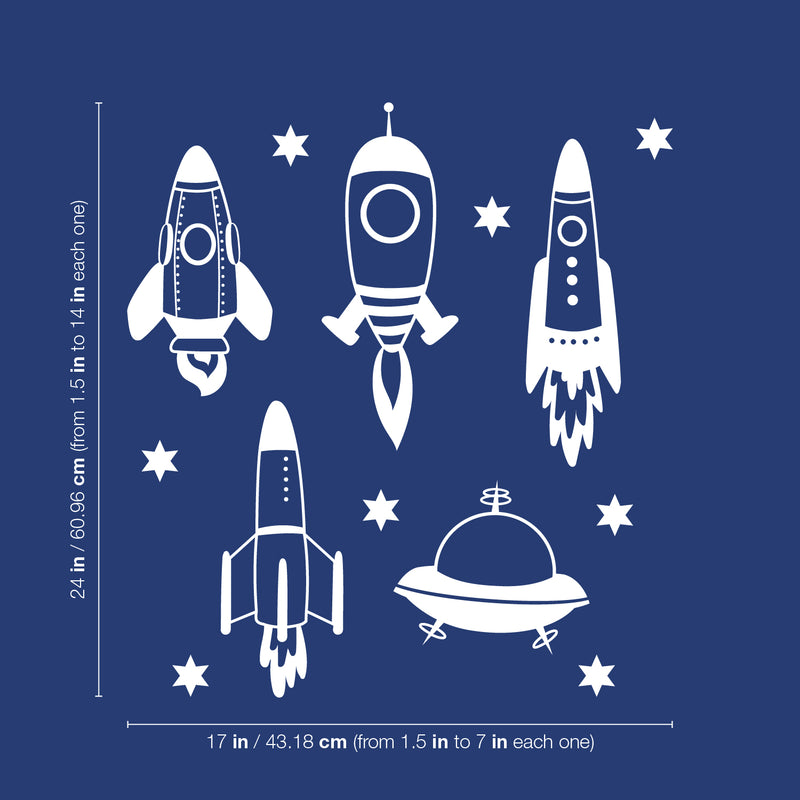 Set Of 5 Vinyl Wall Art Decal - Space Ships - 24" x 17" (From 14" x 7" Each) - Modern Fun Cute Minimalist Design Stickers For Kids Room Bedroom Playroom Daycare Nursery Classroom Decor 4