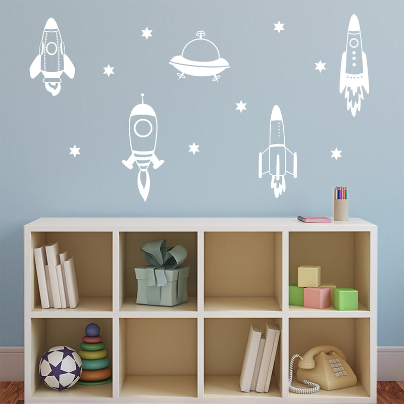 Set Of 5 Vinyl Wall Art Decal - Space Ships - 24" x 17" (From 14" x 7" Each) - Modern Fun Cute Minimalist Design Stickers For Kids Room Bedroom Playroom Daycare Nursery Classroom Decor 3