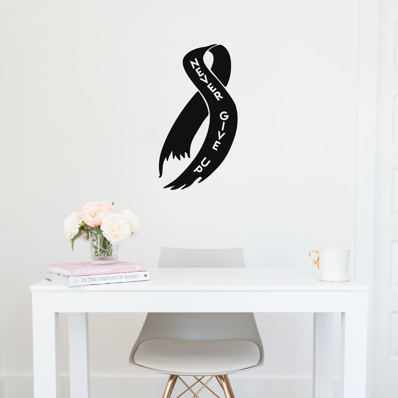 Vinyl Wall Art Decal - Never Give Up - 30" x 17" - Cute Motivational Breast Cancer Awareness Month Ribbon Design Quote Sticker For Medical Healthcare Center Office Coffee Shop Bedroom Decor 3
