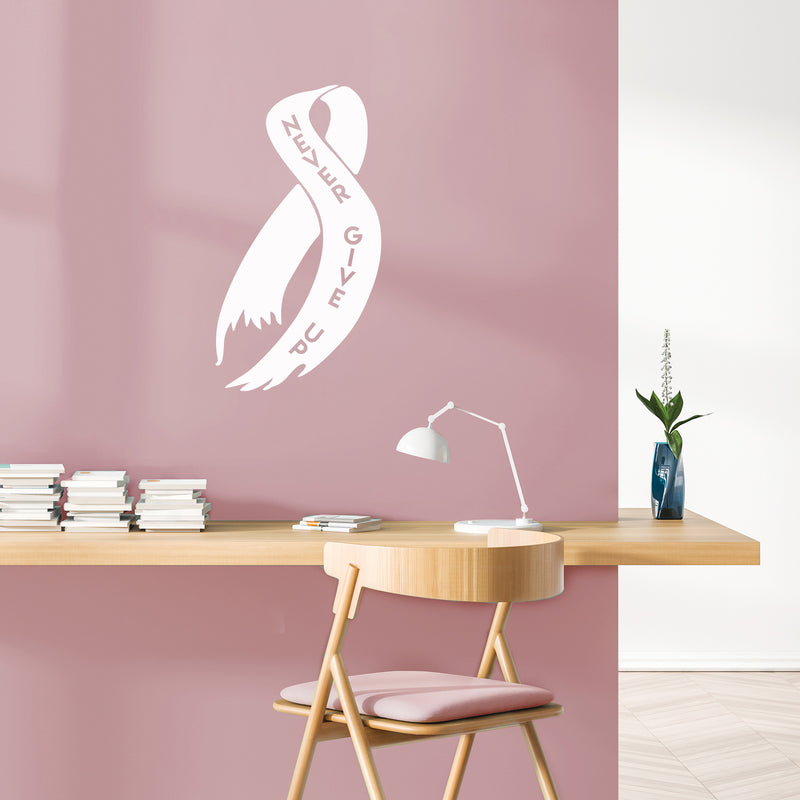 Vinyl Wall Art Decal - Never Give Up - 30" x 17" - Cute Motivational Breast Cancer Awareness Month Ribbon Design Quote Sticker For Medical Healthcare Center Office Coffee Shop Bedroom Decor 3