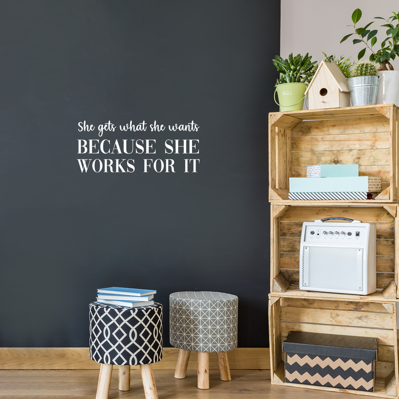 Vinyl Wall Art Decal - She Gets What She Wants - Modern Inspirational Good Vibes Cute Girly Quote Sticker For Bedroom Closet Boutique Beauty Salon Office Yoga Ballet Feminine Decor 2