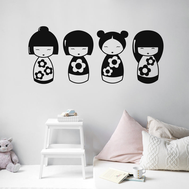 Set Of 4 Vinyl Wall Art Decal - Kokeshi Dolls - Modern Traditional Japanese Dolls Design Shape Sticker For Kids Room Playroom Nursery Daycare School Office Business Coffee Shop Decor 2