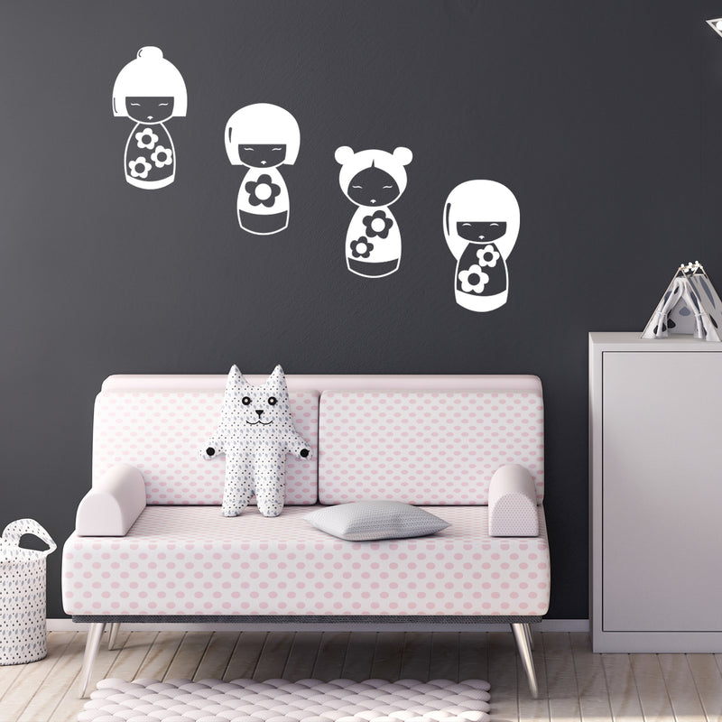 Set Of 4 Vinyl Wall Art Decal - Kokeshi Dolls - 17" x 40" - Modern Traditional Japanese Dolls Design Shape Sticker For Kids Room Playroom Nursery Daycare School Office Business Coffee Shop Decor 3