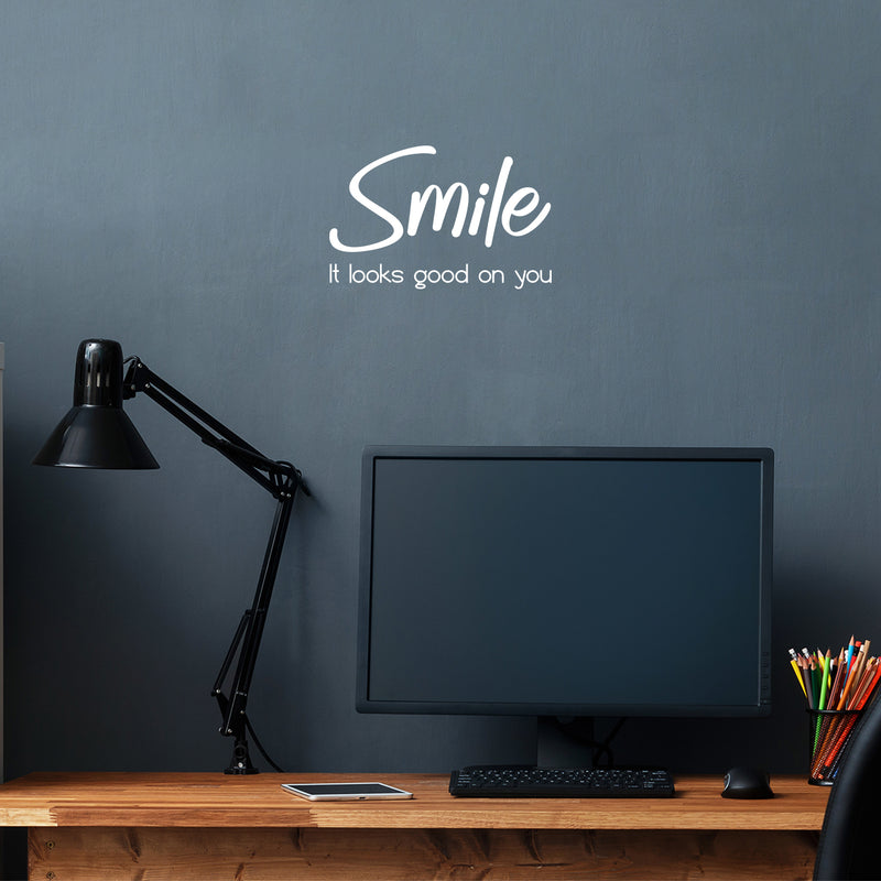 Vinyl Wall Art Decal - Smile It Looks Good On You - 7.7" x 12" - Trendy Cute Optimistic Vibes Quote Sticker For Bedroom Kids Room  Playroom Daycare Classroom Office Coffee Shop Decor 2