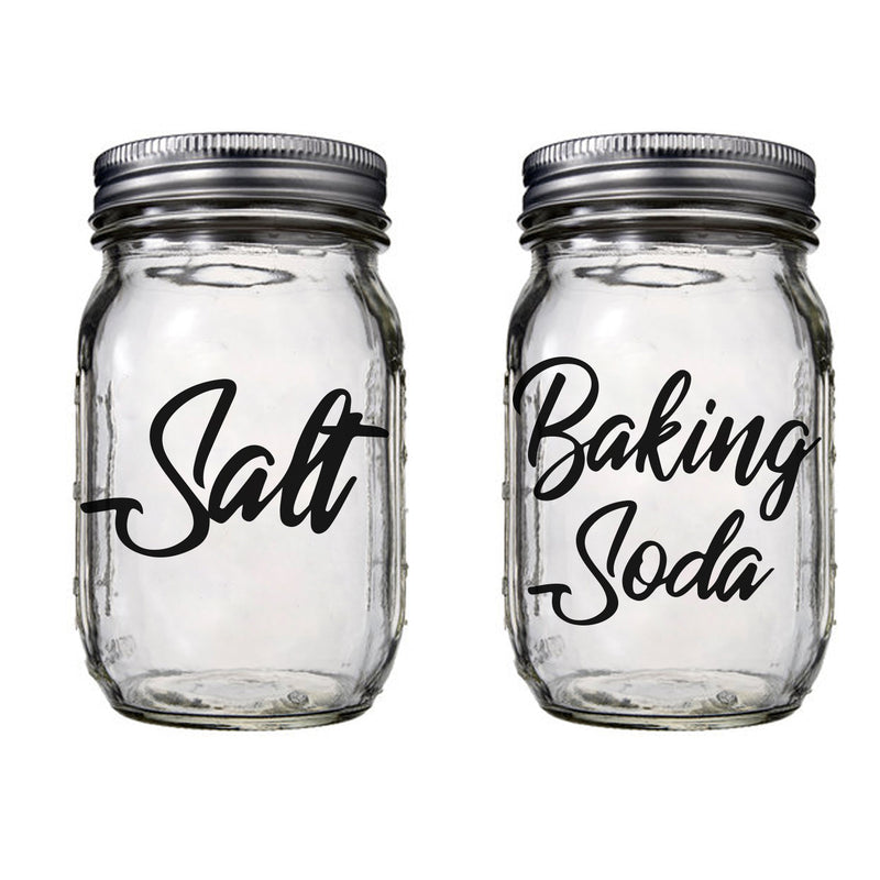 Set of 2 Vinyl Art Decals - Salt And Baking Soda - From 2" x 5" Each - Modern Label Quote Stickers For Family Home Kitchen Containers Pantry Names Glass Spice Jars Decor 2