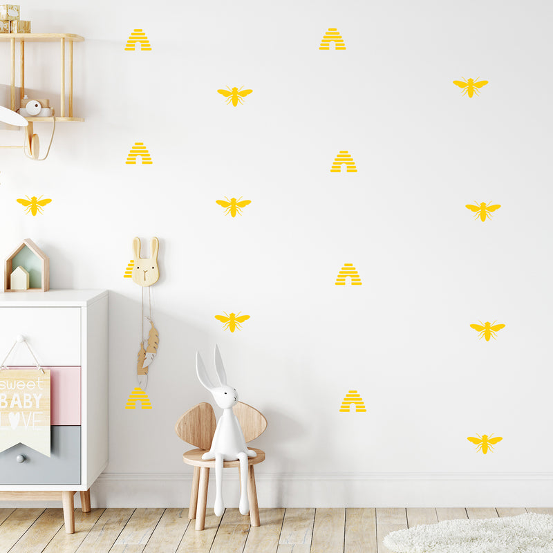 Set Of 25 Vinyl Wall Art Decal - Honey & Bees Pattern - From 3" x 4" Each - Super Cute Cool Adhesive Sticker Bees Design For Baby Kids Room Nursery Playroom Bedroom Bathroom Classroom Decor 3