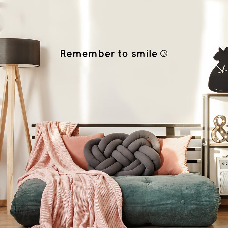 Vinyl Wall Art Decal - Remember To Smile - 1" x 15" - Trendy Cute Inspirational Positive Smiley Face Shape Quote Sticker For Bedroom Kids Room Playroom Daycare Classroom Office Coffee Shop Decor 2