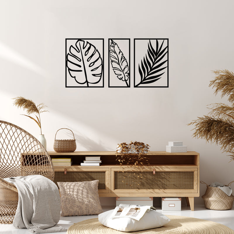 Set Of 3 Vinyl Wall Art Decal - Leaves Frames - 7" x 13" Each - Trendy Cool Nature Kinds Leaves Design Sticker For Home Bedroom Living Room Office Coffee Shop Business Storefront Decor 3