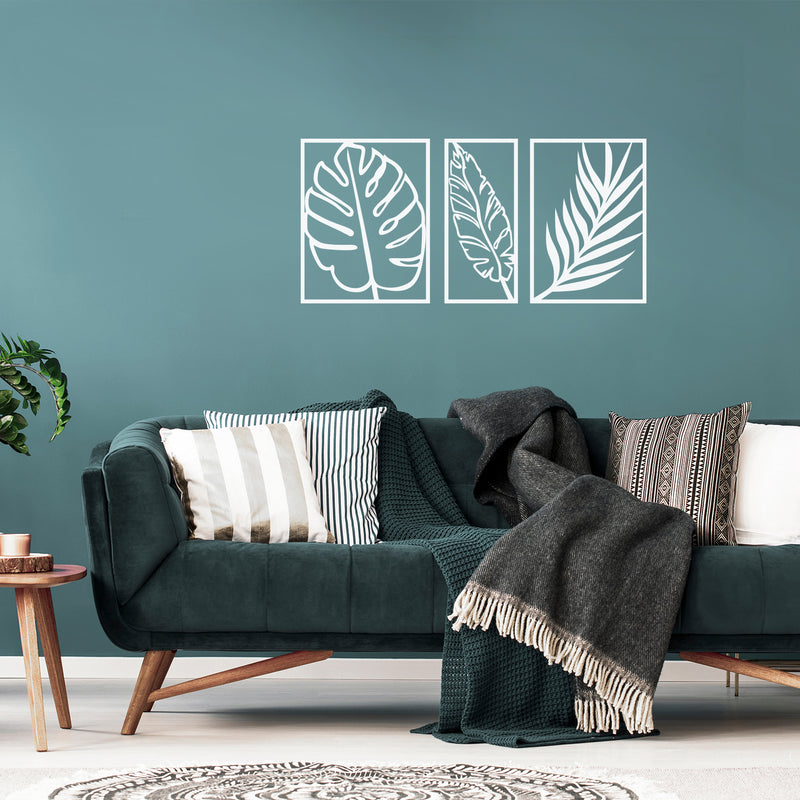 Set Of 3 Vinyl Wall Art Decal - Leaves Frames - 7" x 13" Each - Trendy Cool Nature Kinds Leaves Design Sticker For Home Bedroom Living Room Office Coffee Shop Business Storefront Decor 3