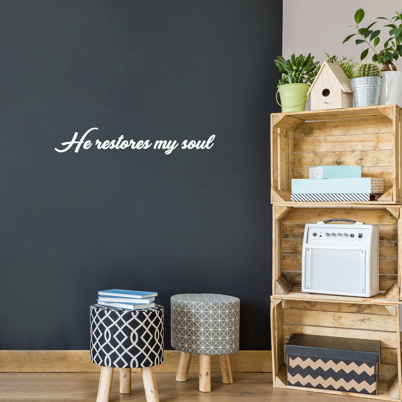 Vinyl Wall Art Decal - He Restores My Soul - 5" x 30" - Modern Inspirational Spiritual Religious Lovely Quote Sticker For Christian Home Bedroom Living Room Kids Room Playroom School Church Decor 2