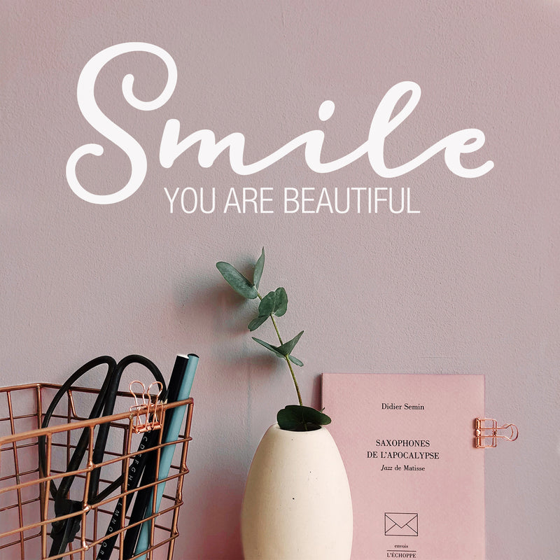 Vinyl Wall Art Decal - Smile You Are Beautiful - 8" x 20" - Modern Inspirational Self Love Positive Quote Sticker For Home Office Bedroom Closet Living Room Decor 2