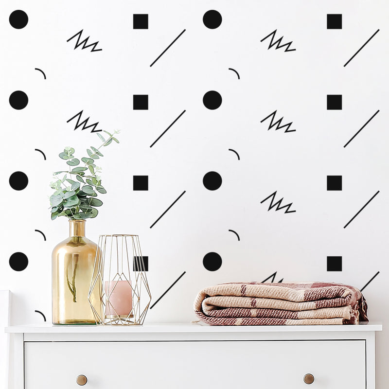 Set Of 50 Vinyl Wall Art Decal - Minimal Memphis Pattern - From Each - Cute Adhesive Sticker Minimalist Design For Home Bedroom Living Room Work Office Classroom Decor 3