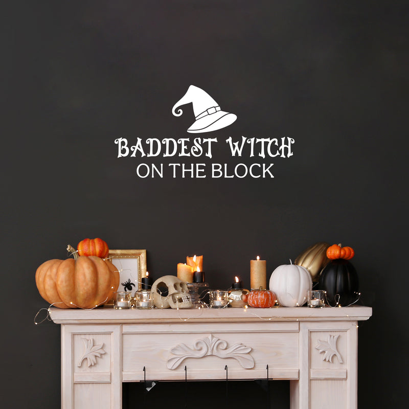 Vinyl Wall Art Decal - Baddest Witch On The Block - 13" x 25" - Fun Halloween Humorous Quote Hat Design Sticker For Living Room Windows Entry Door Storefront Office Spooky Decor 2