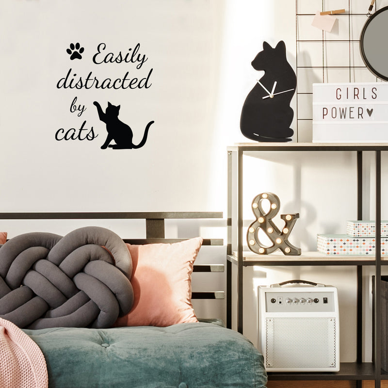 Vinyl Wall Art Decal - Easily Distracted By Cats - 18" x 17" -  Cat Paw Shape Trendy Cute Funny Quote Sticker For Pet Lovers Home Office Bedroom Store Living Room Decor 2