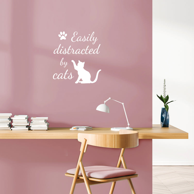 Vinyl Wall Art Decal - Easily Distracted By Cats - 18" x 17" -  Cat Paw Shape Trendy Cute Funny Quote Sticker For Pet Lovers Home Office Bedroom Store Living Room Decor 2