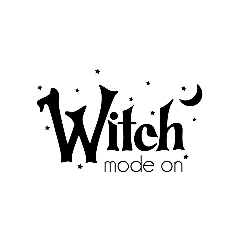 Vinyl Wall Art Decal - Witch Mode On - 15. Trendy Fun Halloween Seasonal Quote Stars & Moon Shape Sticker For Living Room Windows Doors Storefront Coffee Shop Spooky Decor 1