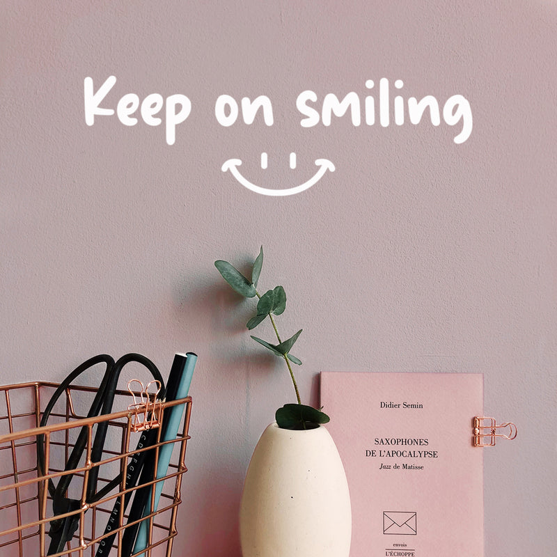 Vinyl Wall Art Decal - Keep On Smiling - 6" x 20" - Happy Face Modern Inspirational Positive Quote Sticker For Home Office Bedroom Living Room Kids Room School Playroom Coffee Shop Decor 2