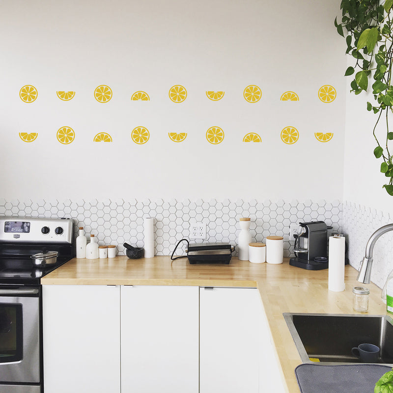 Set Of 25 Vinyl Wall Art Decal - Half Lemons Pattern - From 4" x 4" Each - Trendy Fun Fruit Design Sticker For Home Kitchen Playroom Classroom Coffee Shop Restaurant Office Decor 3