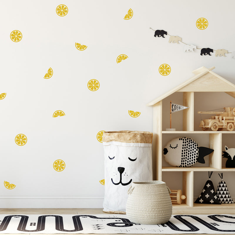 Set Of 25 Vinyl Wall Art Decal - Half Lemons Pattern - From 4" x 4" Each - Trendy Fun Fruit Design Sticker For Home Kitchen Playroom Classroom Coffee Shop Restaurant Office Decor 2