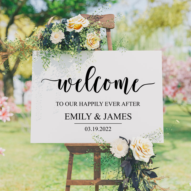 Vinyl Art Decal - Custom Welcome To Our Happily Ever After - Cute Elegant Personalized Wedding Greeting Bride Groom Marriage Reception Hall Garden Buffett Entrance Decor 3