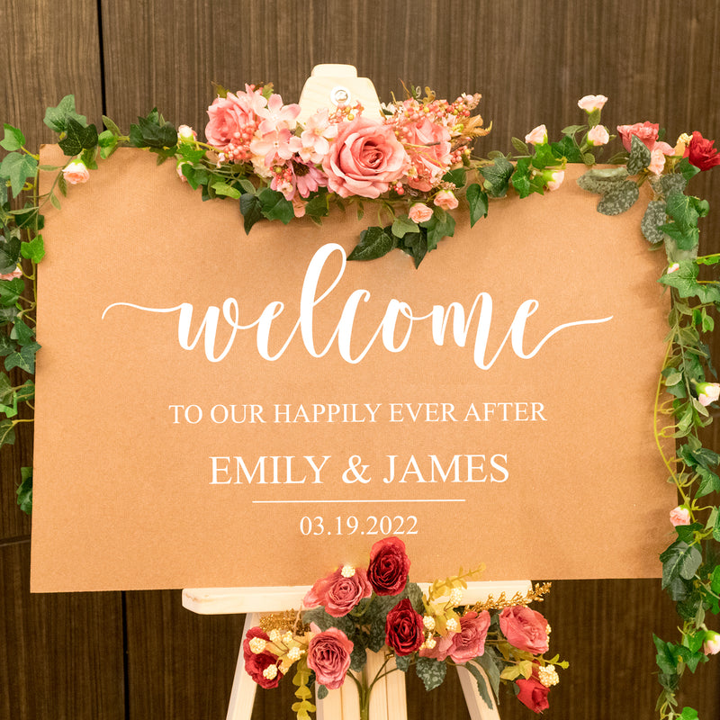 Vinyl Art Decal - Custom Welcome To Our Happily Ever After - 17" x 30" - Cute Elegant Personalized Wedding Greeting Bride Groom Marriage Reception Hall Garden Buffett Entrance Decor 2