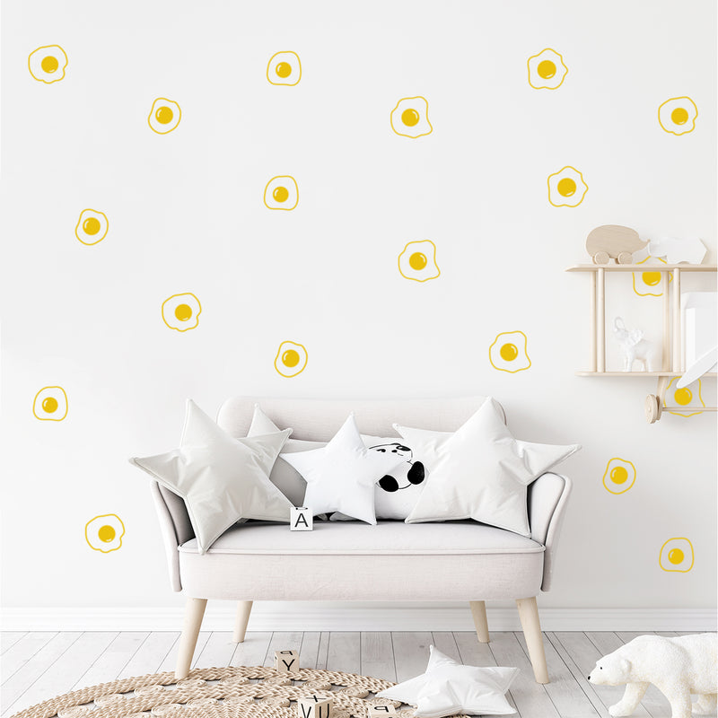 Set Of 25 Vinyl Wall Art Decal - Fried Eggs Pattern - From 5" x 5" Each - Trendy Fun Food Design Sticker For Living Room Kitchen Playroom Classroom Coffee Shop Restaurant Office Decor 3