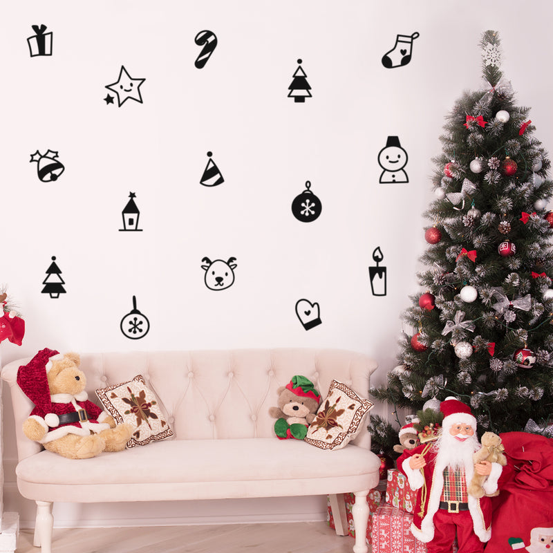 Set Of 16 Vinyl Wall Art Decal - Christmas Elements - From 5" x 5" Each - Trendy Inspiring Lovely Holyday Designs Sticker For Living Room Doors Windows School Coffee Shop Decor 3