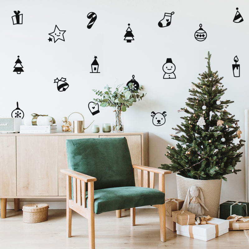 Set Of 16 Vinyl Wall Art Decal - Christmas Elements - From 5" x 5" Each - Trendy Inspiring Lovely Holyday Designs Sticker For Living Room Doors Windows School Coffee Shop Decor 2