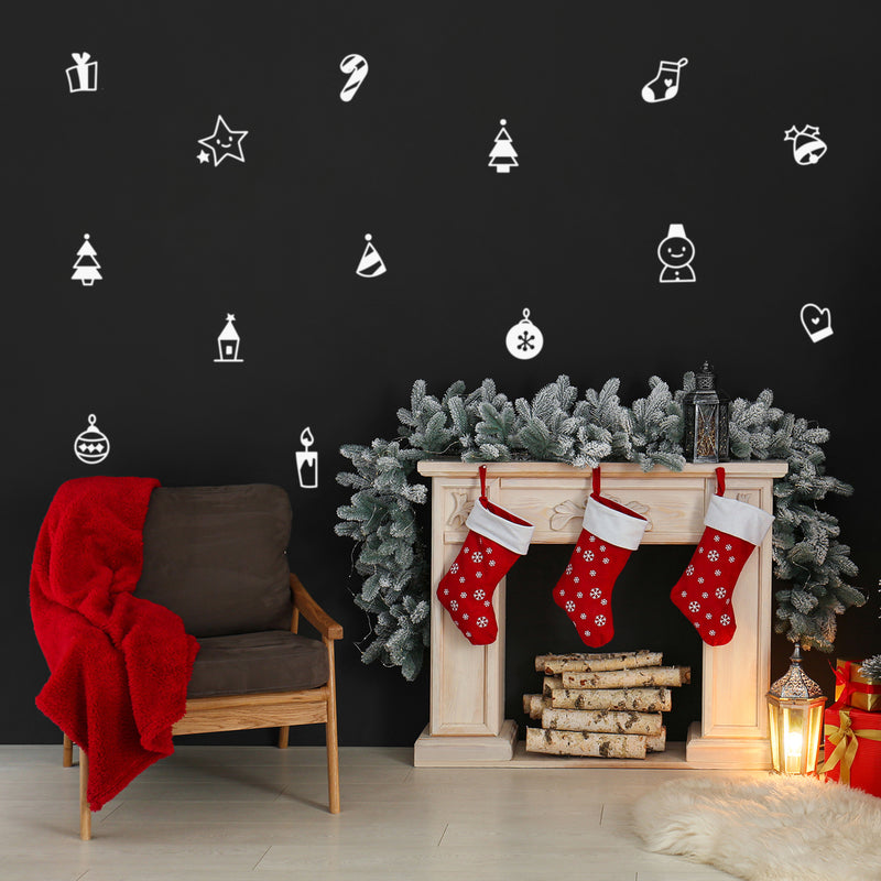 Set Of 16 Vinyl Wall Art Decal - Christmas Elements - From 5" x 5" Each - Trendy Inspiring Lovely Holyday Designs Sticker For Living Room Doors Windows School Coffee Shop Decor 3