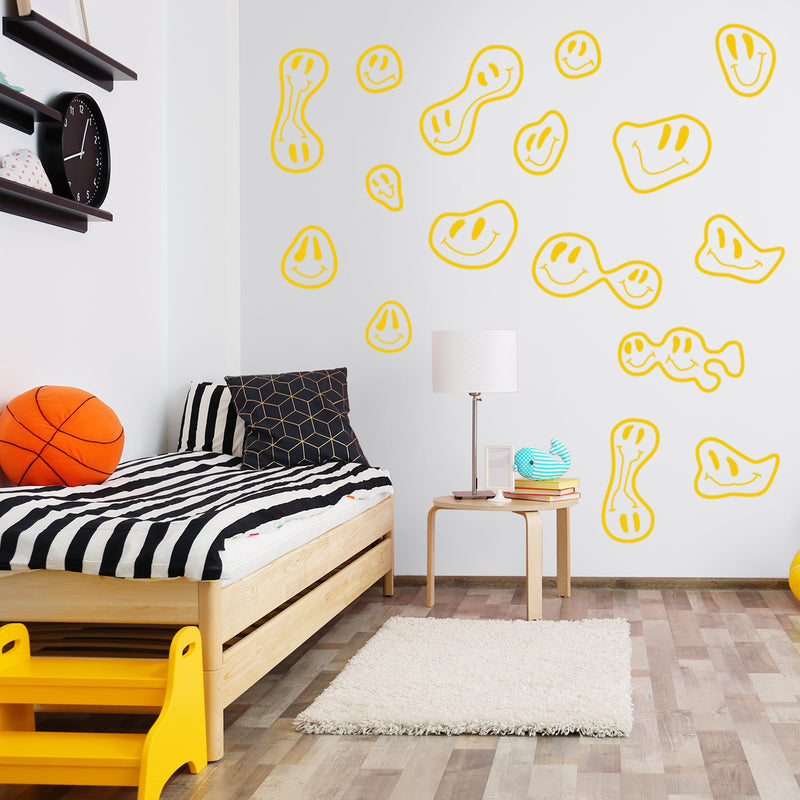 Set Of 16 Vinyl Wall Art Decal - Groovy Smiles Pattern - From 5" x 4" Each - Modern Funny Minimalist Design Sticker For Kids Bedroom Living Room Playroom Daycare Classroom School Decor 3