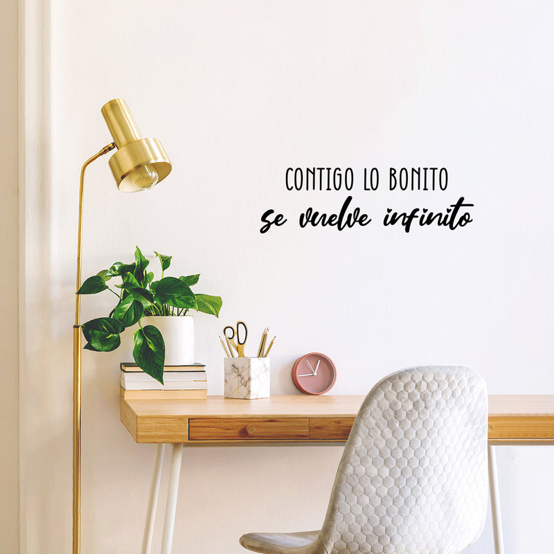 Vinyl Wall Art Decal - Contigo Lo Bonito Se Vuelve Infinito / With You The Beautiful Becomes Infinite - Trendy Inspiring Lovely Spanish Quote Sticker For Bedroom Closet Decor 2