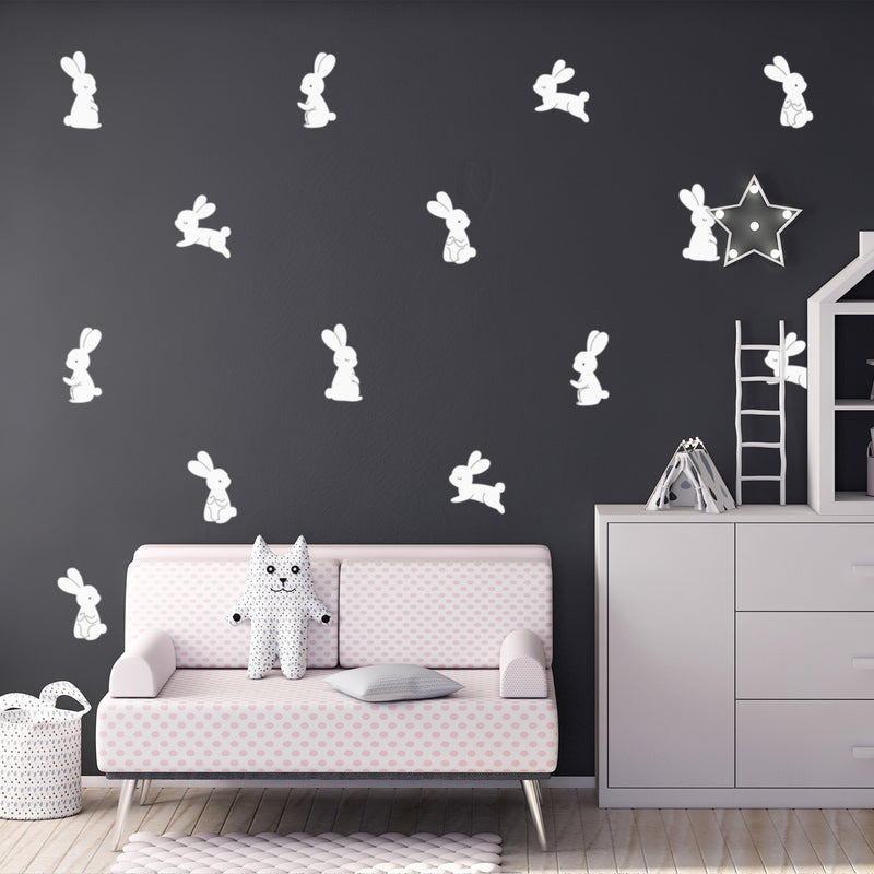 Set Of 16 Vinyl Wall Art Decal - Bunny Shapes Pattern - From 7" x 5" Each - Cute Adhesive Sticker Animal Design For Home Children Bedroom Office Nursery Playroom Decor 2