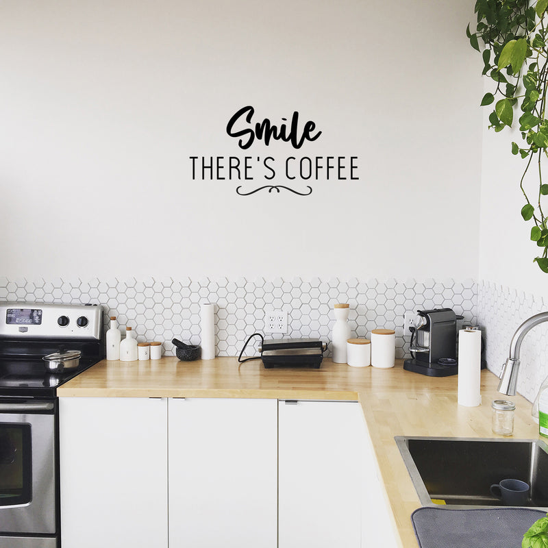 Vinyl Wall Art Decal - Smile There's Coffee - 13" x 25" - Modern Cool Funny Caffeine Lovers Quote Sticker For Home Kitchen Coffee Shop Restaurant Storefront Office kitchenette Decor 2