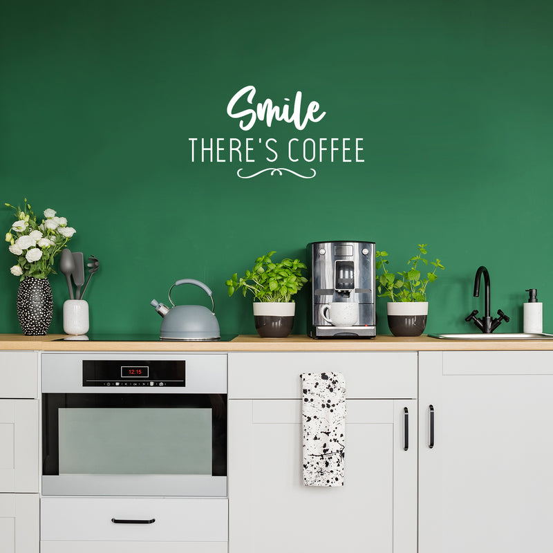 Vinyl Wall Art Decal - Smile There's Coffee - 13" x 25" - Modern Cool Funny Caffeine Lovers Quote Sticker For Home Kitchen Coffee Shop Restaurant Storefront Office kitchenette Decor 2