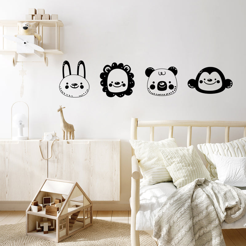 Set Of 4 Vinyl Wall Art Decal - Baby Animal Faces - From Each - Rabbit Lion Panda Monkey Adorable Adhesive Sticker Design For Home Children Bedroom Nursery Decor 3