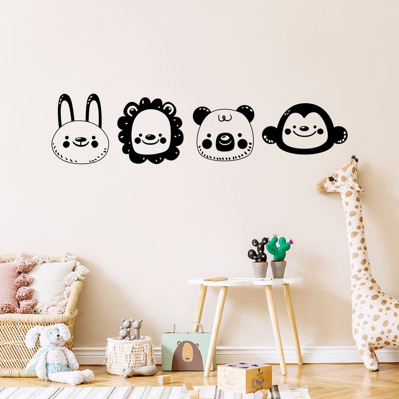 Set Of 4 Vinyl Wall Art Decal - Baby Animal Faces - From 15" x 14" Each - Rabbit Lion Panda Monkey Adorable Adhesive Sticker Design For Home Children Bedroom Nursery Decor 2