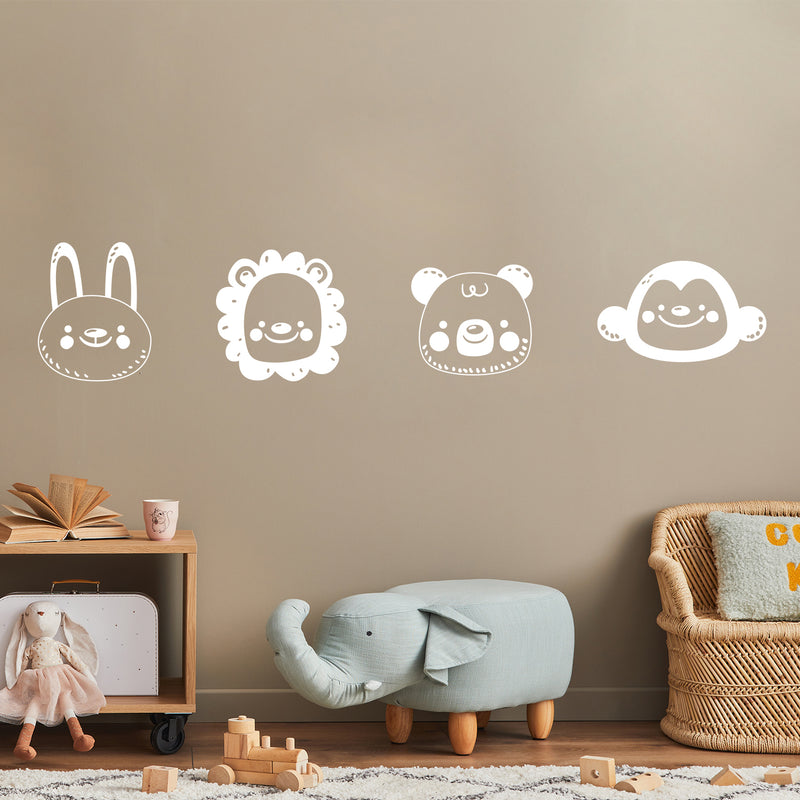 Set Of 4 Vinyl Wall Art Decal - Baby Animal Faces - From 15" x 14" Each - Rabbit Lion Panda Monkey Adorable Adhesive Sticker Design For Home Children Bedroom Nursery Decor 3