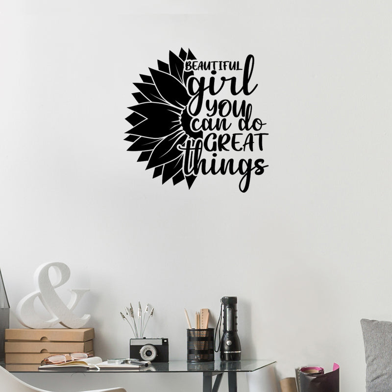 Vinyl Wall Art Decal - Beautiful Girl You Can Do Great Things - 22" x 22" - Modern Cute Inspirational Positive Quote Sunflower Design Sticker For Home Office Bedroom Mirror Decor 2