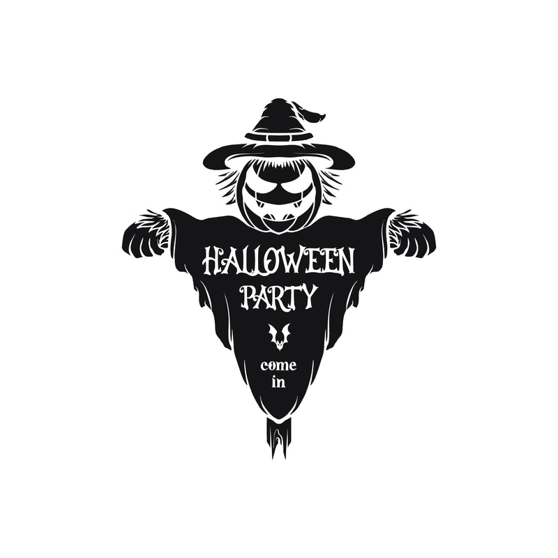 Vinyl Wall Art Decal - Halloween Party Come In - From 20" x 23" - Seasonal Welcome Sign Horror Scarecrow Shape Quote Sticker For Entryway Storefront Office Living Room Scary Spooky Decor 1