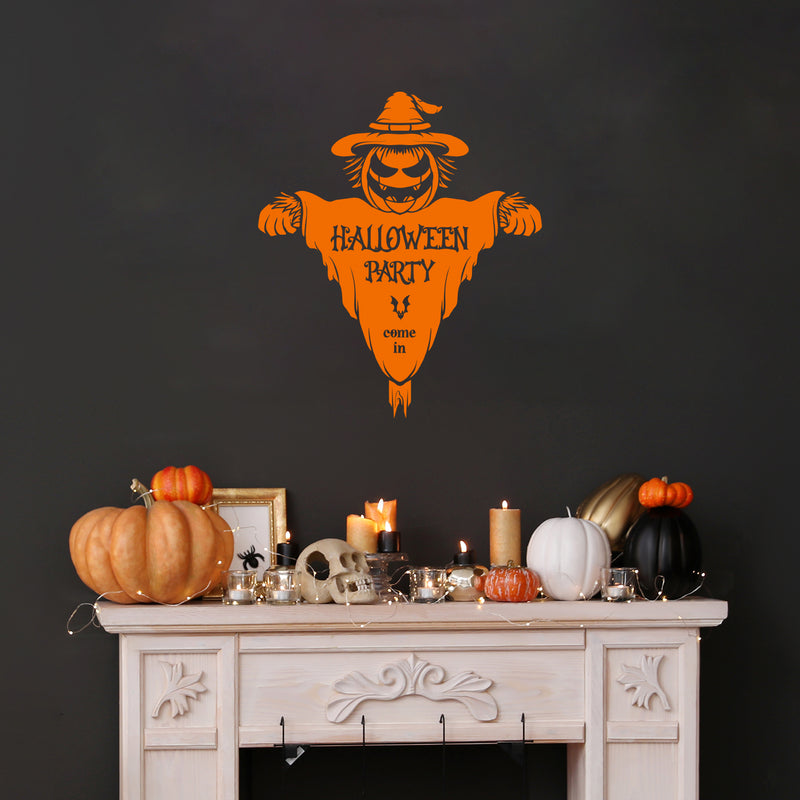 Vinyl Wall Art Decal - Halloween Party Come In - From 20" x 23" - Seasonal Welcome Sign Horror Scarecrow Shape Quote Sticker For Entryway Storefront Office Living Room Scary Spooky Decor 2