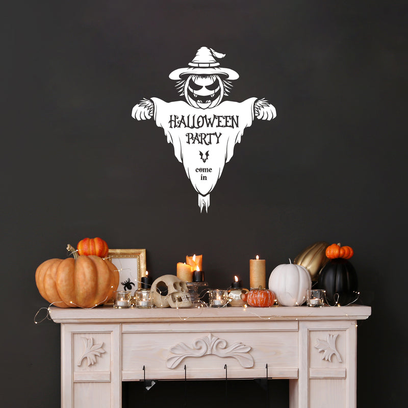 Vinyl Wall Art Decal - Halloween Party Come In - From 20" x 23" - Seasonal Welcome Sign Horror Scarecrow Shape Quote Sticker For Entryway Storefront Office Living Room Scary Spooky Decor 2