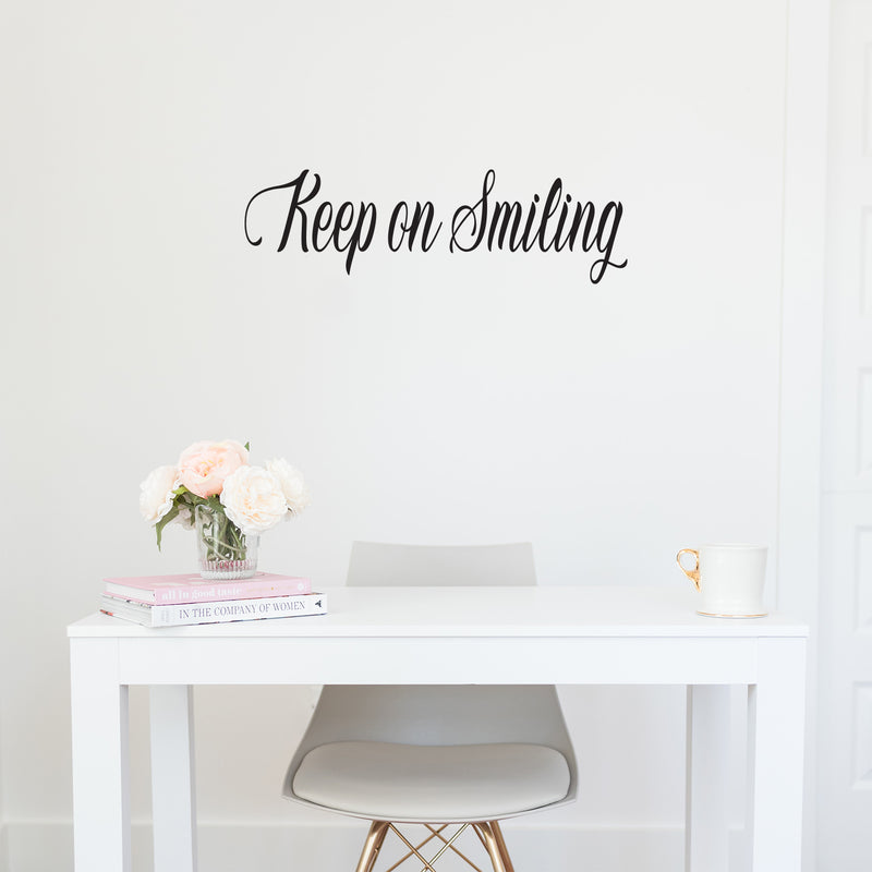 Vinyl Wall Art Decal - Keep On Smiling - 12" x 40" - Happy Face Modern Inspirational Positive Quote Sticker For Home Office Bedroom Living Room Kids Room School Playroom Coffee Shop Decor 2