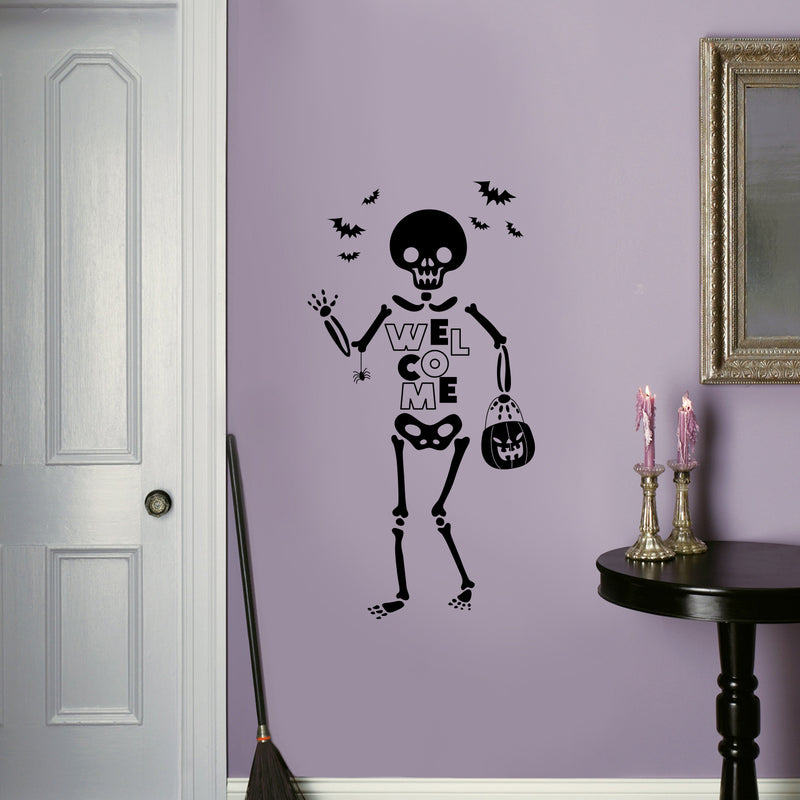 Vinyl Wall Art Decal - Welcome Skeleton - Trendy Cool Halloween Season Fun Bats Design Sticker For Home Family Room Windows Entry Hall Doors Storefront Coffee Shop School Spooky Decor 2