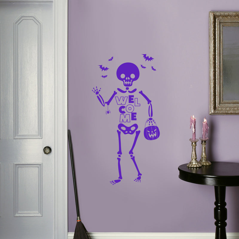 Vinyl Wall Art Decal - Welcome Skeleton - Trendy Cool Halloween Season Fun Bats Design Sticker For Home Family Room Windows Entry Hall Doors Storefront Coffee Shop School Spooky Decor 5