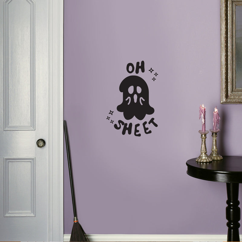 Vinyl Wall Art Decal - Oh Sheet - Ghost Design Seasonal Halloween Quote Sticker For Entryway Storefront Office Living Room Scary Spooky Decor 2