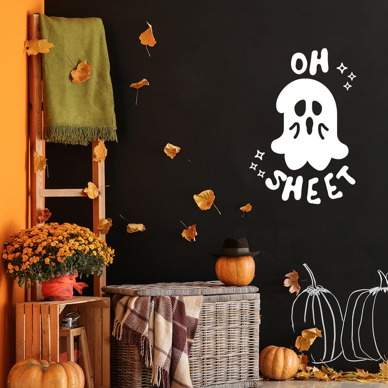 Vinyl Wall Art Decal - Oh Sheet - 16" x 11" - Ghost Design Seasonal Halloween Quote Sticker For Entryway Storefront Office Living Room Scary Spooky Decor 2